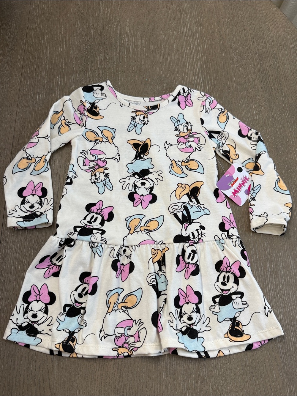 Disney Girls Minnie & Daisy Print Long-Sleeve Dress - Cream, Pink, Blue, Peach